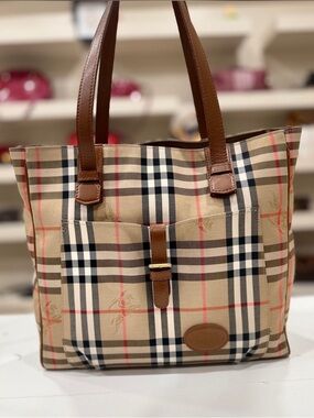 Authentic Burberry Nova Check Tote Bag Beige Brown Leather Handles